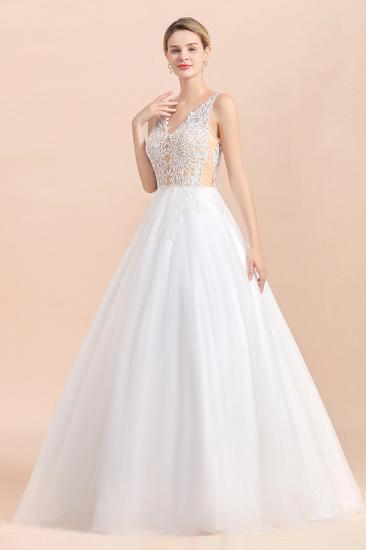 Elegant V-Neck Floral Lace A-line Wedding Dress Beach Sleeveless Tulle Church Dress_8