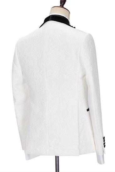 New White Jacquard Three Piece Wedding Mens Suit with Velvet Lapel_2