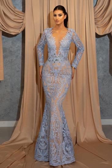 Luxurious Long Blue V-Neck Long Sleeve Lace Evening Dress | Homecoming Dresses Lace With Sleeves_3