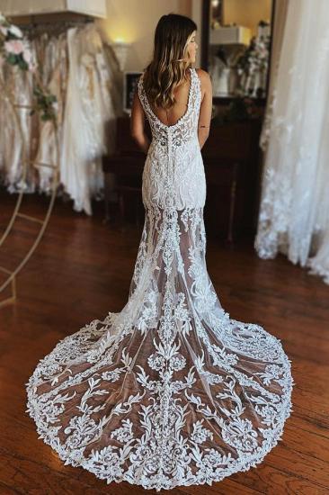 Stylish Floral Lace Mermaid Wedding Dress Deep V-Neck Front Slit Bridal Dress_2