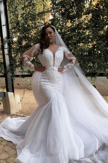 White Long sleeves Plus size Mermaid Belt Wedding Dresses_1