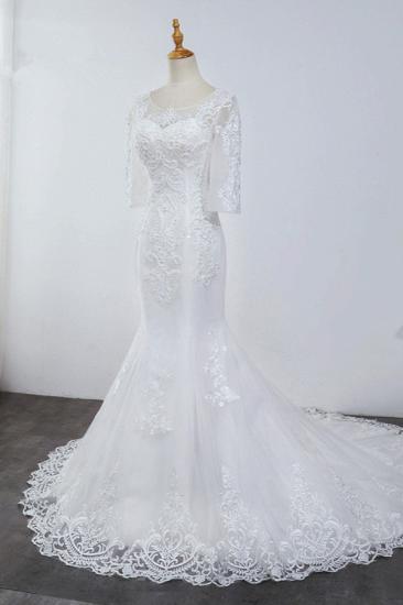 Bradyonlinewholesale Elegant Jewel 3/4 Sleeves Mermaid White Wedding Dress Tulle Lace Appliques Beadings Bridal Gowns On Sale_3