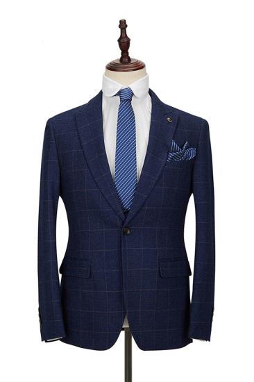 Classic Blue Plaid Peak Lapel 3 Piece Mens Suit with Double Breasted Waistcoat_3