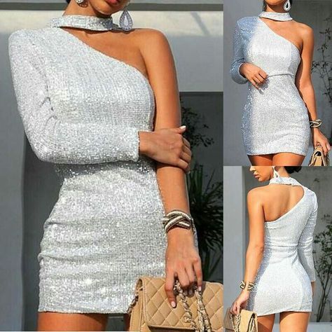 Sexy Sequined One-Shoulder Halter Mini Sheath Prom Dress_1