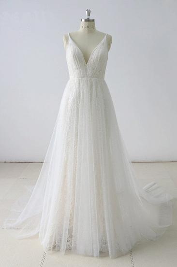 Bradyonlinewholesale Gorgeous Simple White Lace V-Neck Long Wedding Dress Sleeveless Appliques Bridal Gowns On Sale_1