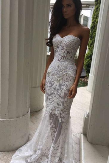 White Sweetheart-Neck Sheer Lace Appliques Mermaid Wedding Dresses_2