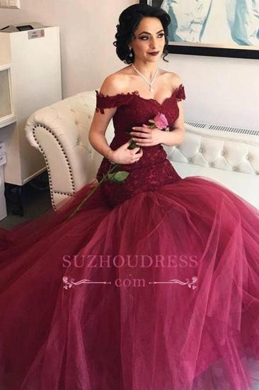 Off The Shoulder Burgundy Lace Evening Gowns Tulle Mermaid Prom Dresses_2