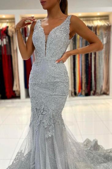 Glamorous Grey Sleeveless Mermaid Ball Gown V Neck Tulle Lace Evening Dress_5
