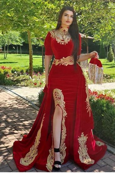 Gorgeous Halter Red Velvet Mermaid Evening Gown with Gold Appliques Half Sleeves_2