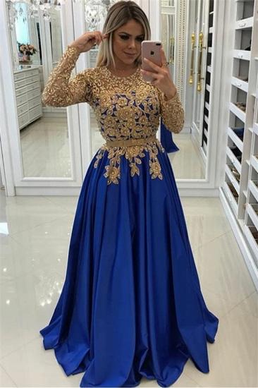 Gold Beads Lace Appliques Evening Dress with Sleeves | Royal Blue Cheap Prom Dresses_1