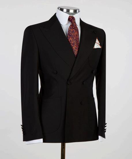 Black Double Breasted Peaked Lapel Business Men Suits_3