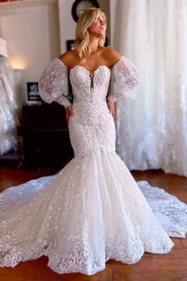 Sweetheart White Tulle Lace Bridal Gown Strapless Mermaid Wedding Dress_3