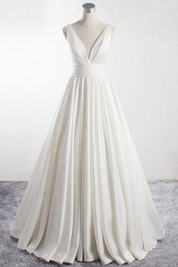 Bradyonlinewholesale Affordable V-neck Satin White Wedding Dress Sleeveless Ruffles Bridal Gowns On Sale_1