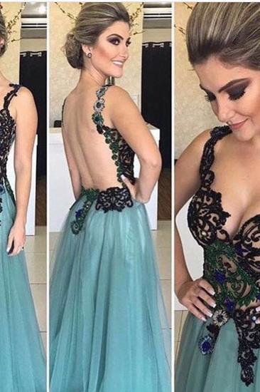 Sexy Sheer Tulle Floor-length Green Evening Dresses_1