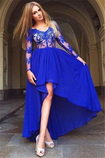 Sheer Royal Blue Hi-Lo Evening Dresses | Long Sleeves Appliques Prom Dresses_1