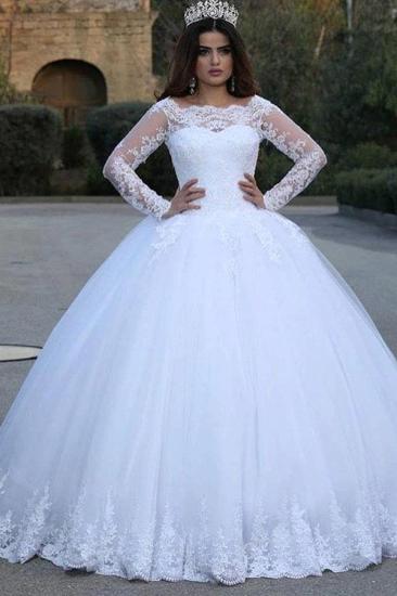 Elegant White Long Sleeve Lace Appliques Ball Gowns Scoop Neck Wedding Dress_1
