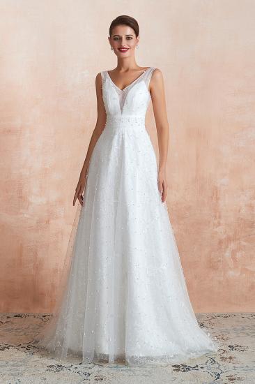Fantastic V-Neck Sleeveless White Appliques Wedding Dress With Pearls_3