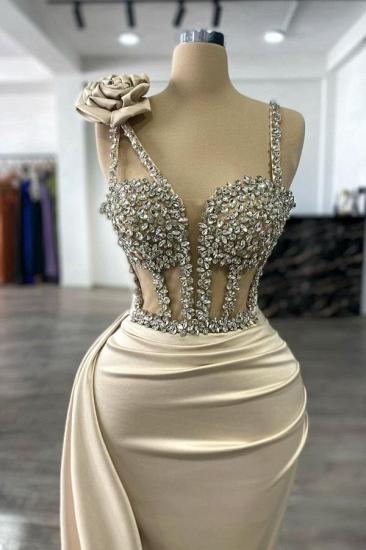 Champagne Evening Dresses Long Glitter Ball Gowns With Pearls_2