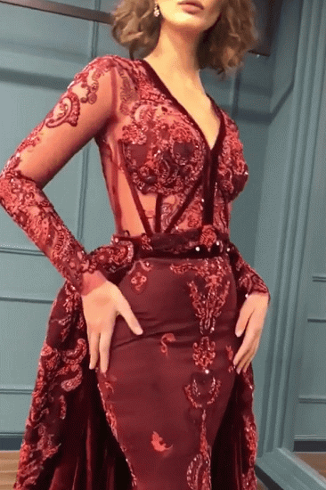2022 Burgundy Prom Dresses Cheap | Sparkle Beads Appliques Evening Gowns with Sleeves_3