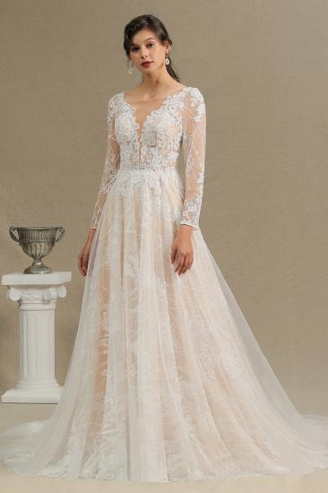 Elegant Lace Deep V-neck Wedding Dress Long Sleeve Floor Length Bridal Gowns_2