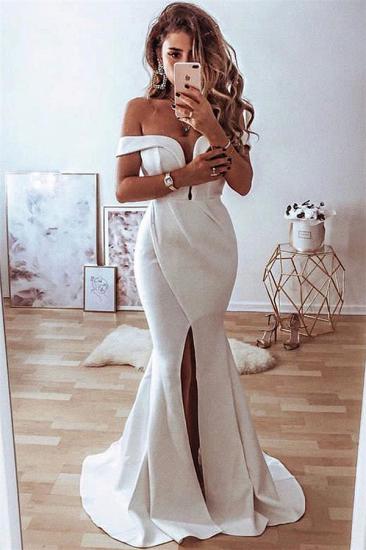Elegant Off The Shoulder Satin Wedding Dress Cheap | Simple Mermaid Front Slit Sexy Bridal Dresses Online_1