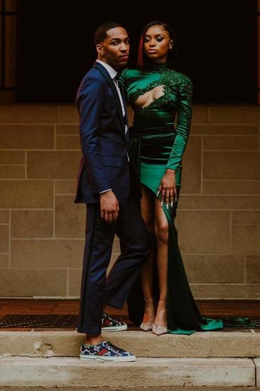 Sexy Dark Green Appliques Side Split Prom Dress Long SLeeve_5