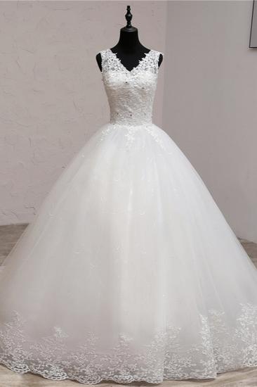 Bradyonlinewholesale Ball Gown V-Neck White Tulle Wedding Dresses Sleeveless Lace Appliques Bridal Gowns with Beadings_1