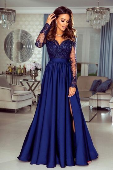 Elegant Navy Lace Satin Evening Maxi Dress Long Sleeves Formal Dress with Side Split_4
