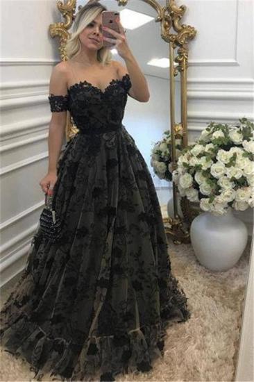 Black Off-the-Shoulder A-line Evening Dresses Tulle Appliques Prom Dresses
