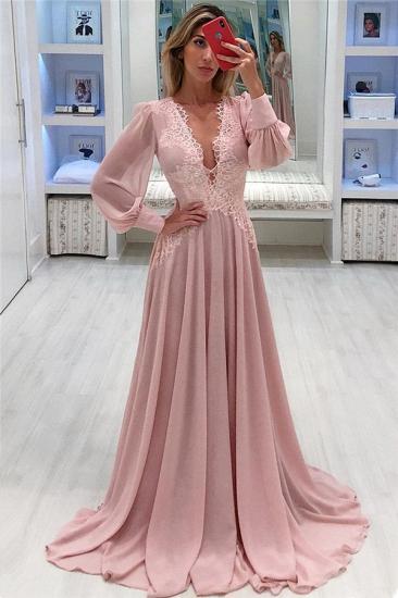 Pink Chiffon Bubble Sleeves Sexy Evening Dresses | Sexy V-neck Cheap Formal Dresses