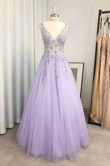 Lavender v-neck lace appliques a-line prom dress_1