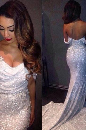 Off Shoulder Mermaid Prom Dress Sequins White Long Evening Dress with Flowers_1