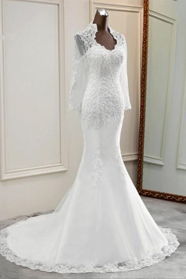 Bradyonlinewholesale Elegant Long Sleeves Lace Mermaid Wedding Dresses Appliques White Bridal Gowns with Beadings_5