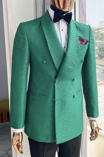 Shiny Green Jacquard Double Breasted Bespoke Men Suits