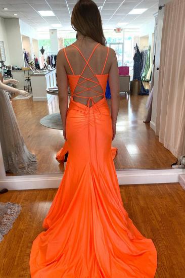Orange Sweetheart Spaghetti Strap and Floor Slit Prom Dresses｜Backless Mermaid Prom Dresses_3