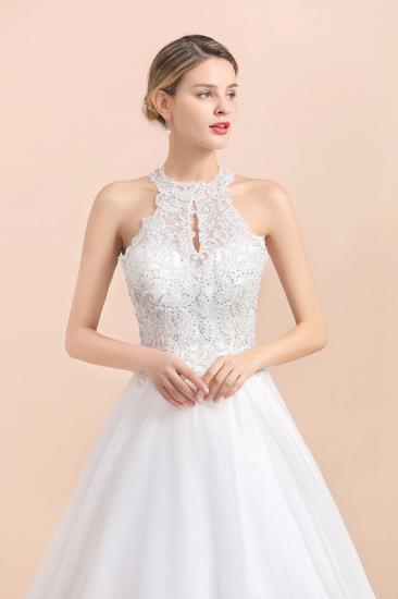 Elegant White Beaded Halter Ball Gown Lace Wedding Dress_3