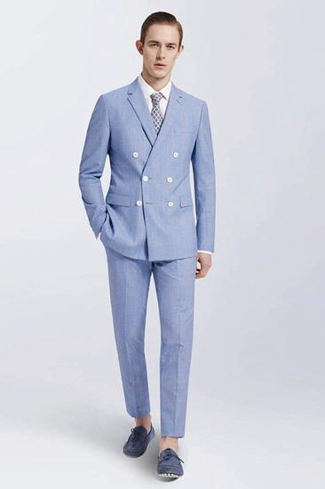 Light Blue Plaid Mens Casual Suit | Notched Lapel Mens Double Breasted Suit