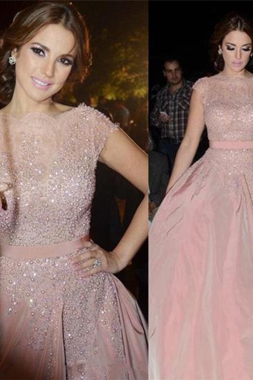 Pink Cap-Sleeve Diamonds Designer Charming Evening Dress_4