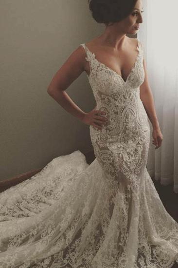 V-neck Sleeveless Mermaid Wedding Dresses Sexy Lace Appliques Bridal Gown_1
