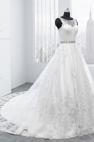 Bradyonlinewholesale Simple Jewel Tulle Lace Wedding Dress A-Line Appliques Beadings Bridal Gowns with Sash Online_3