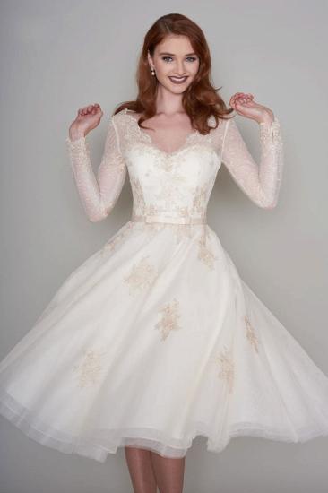 Long sleeves V-neck Ivory Short Lace Summer Wedding Dress_3