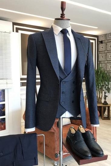 Hot Navy Blue Small Plaid One Button Double Breasted Vest Custom Business Suit_2