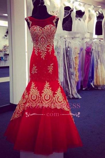 Red Tulle Gold Appliques Evening Gowns Sleeveless Mermaid Prom Dress_3