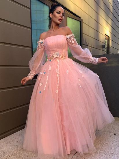 Pink puffy pricess tulle long sleeves floor lenth prom dress_6