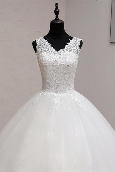Bradyonlinewholesale Ball Gown V-Neck White Tulle Wedding Dresses Sleeveless Lace Appliques Bridal Gowns with Beadings_5