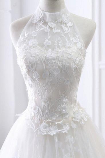 Bradyonlinewholesale Elegant A-Line Halter Tulle White Wedding Dress Sleeveless Appliques Bridal Gowns On Sale_6