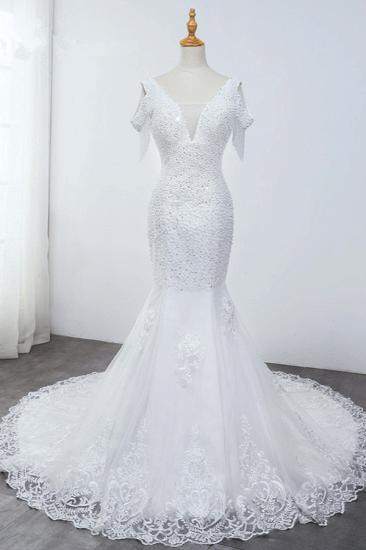 Bradyonlinewholesale Sparkly Sequined V-Neck Cold-Shoulder White Wedding Dress White Mermaid Lace Appliques Bridal Gowns On Sale