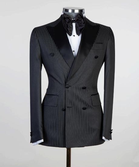 Black Stripe Double Breasted Point Collar Chic Men's Prom Suit_3