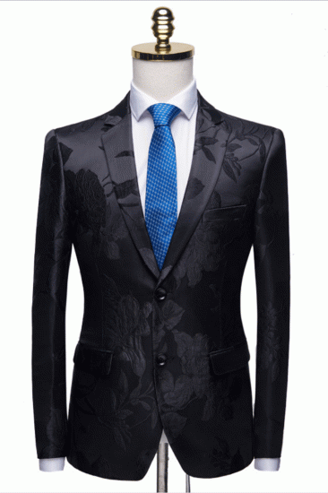 Stylish Notched Lapel Two Buttons Mens Suits | Floral Jacquard Black Wedding Tuxedos