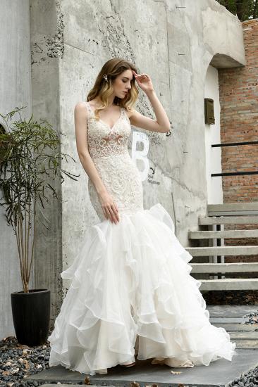 Sexy See-through Lace Mermaid Lace Sleeveless Ivory Wedding Dress with Ruffle Train_7